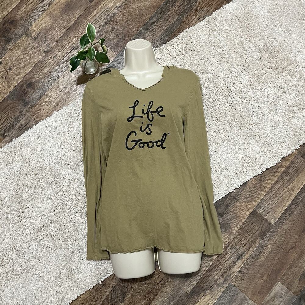 Life is Good Size Medium Muted Olive Green Hooded Long Sleeve Popover Top